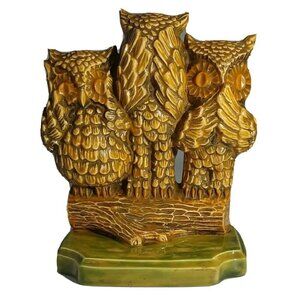 Vintage See, Speak and Hear No Evil, Glazed Ceramic Porcelain Owls Figurine